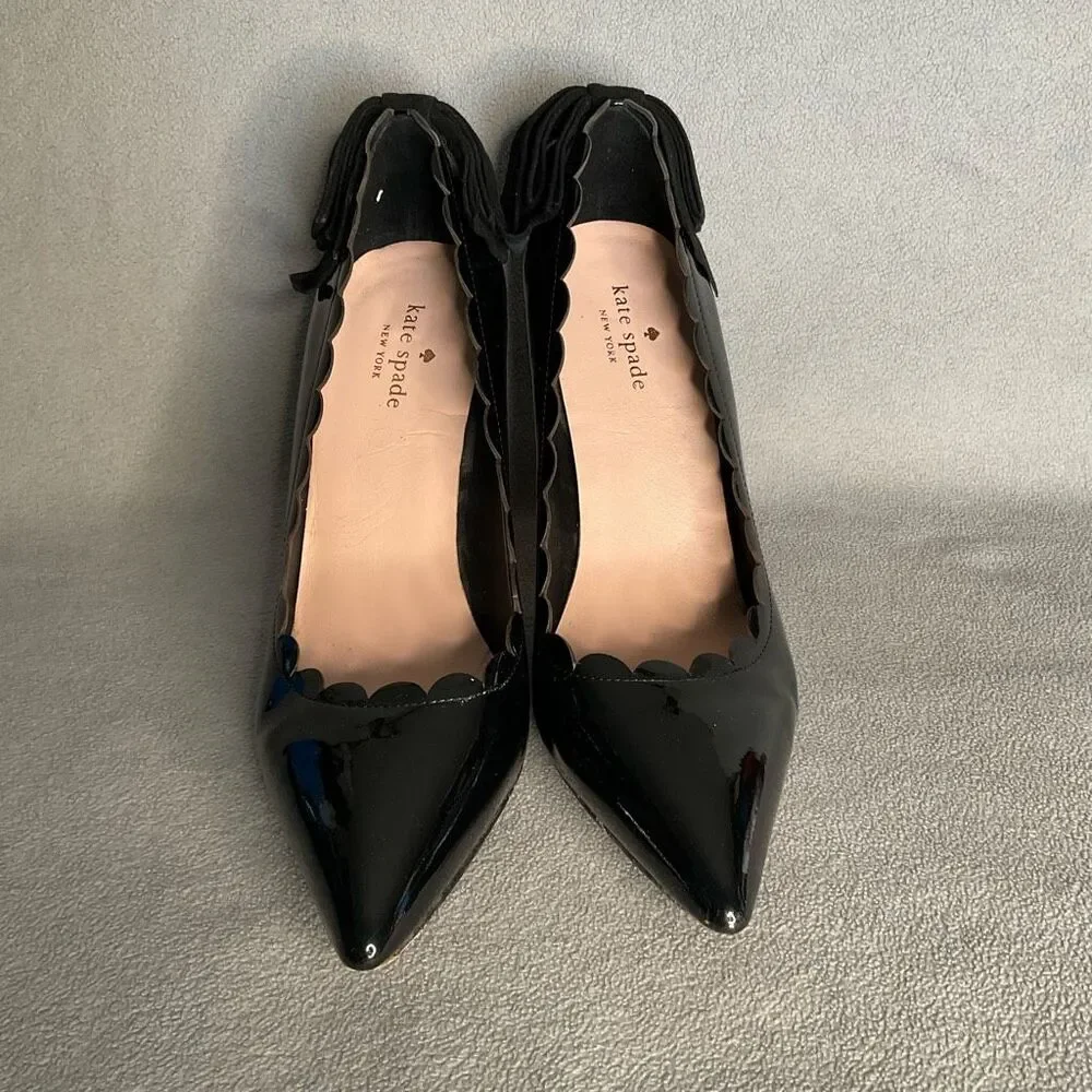 Kate Spade Pointed Heels Maxine Black Patent Leather Scallops Bows Stilettos 10M